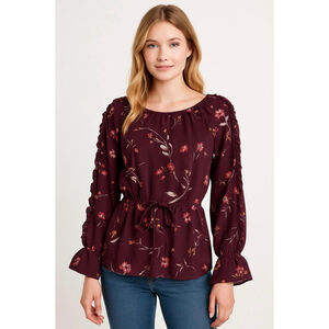 Women's Walter Baker Burgundy Floral Blouse M Ruffle Sleeve Cottagecore Romantic